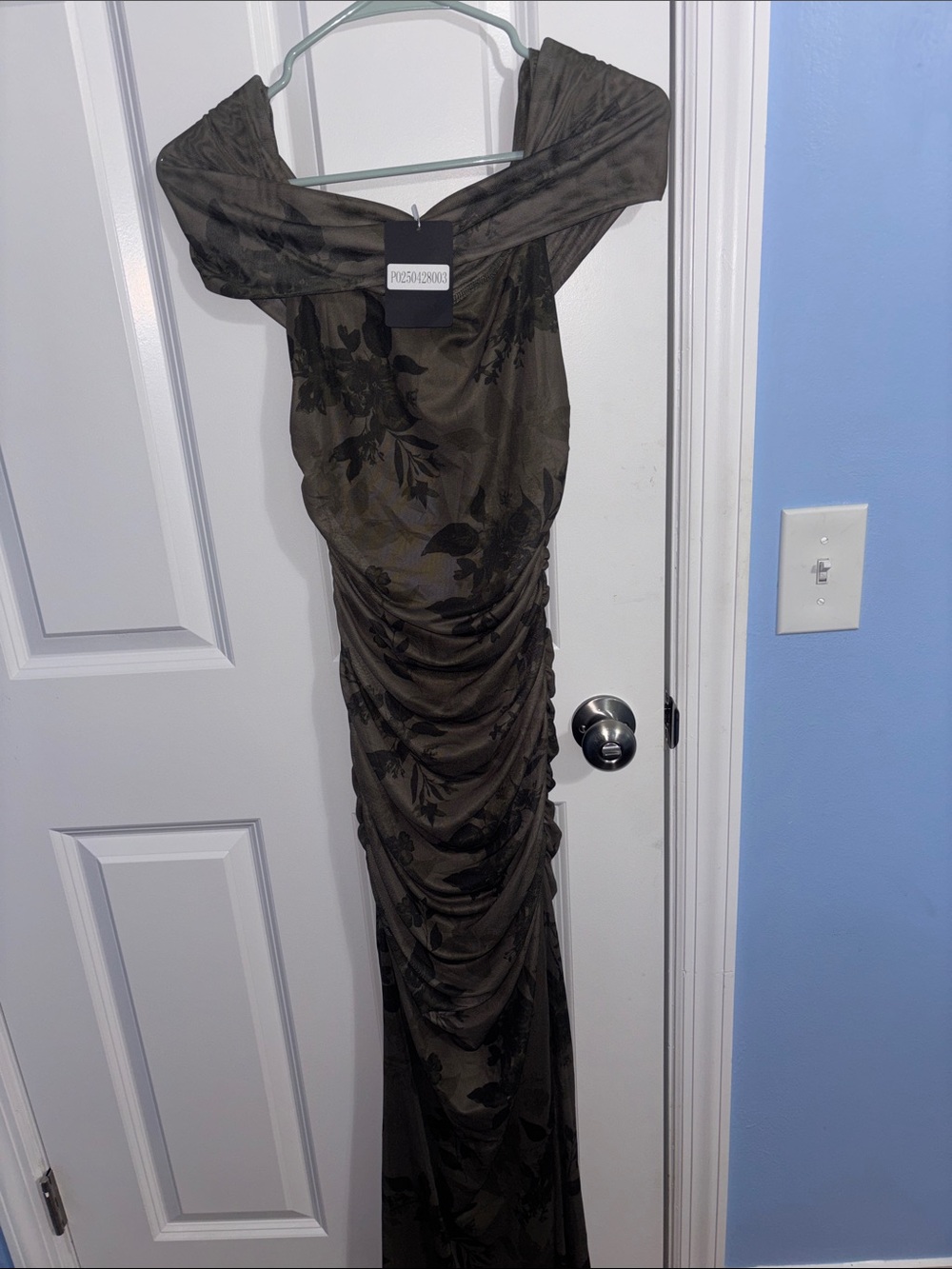 One-Shoulder Olive Green Floral Ruched Evening Gown